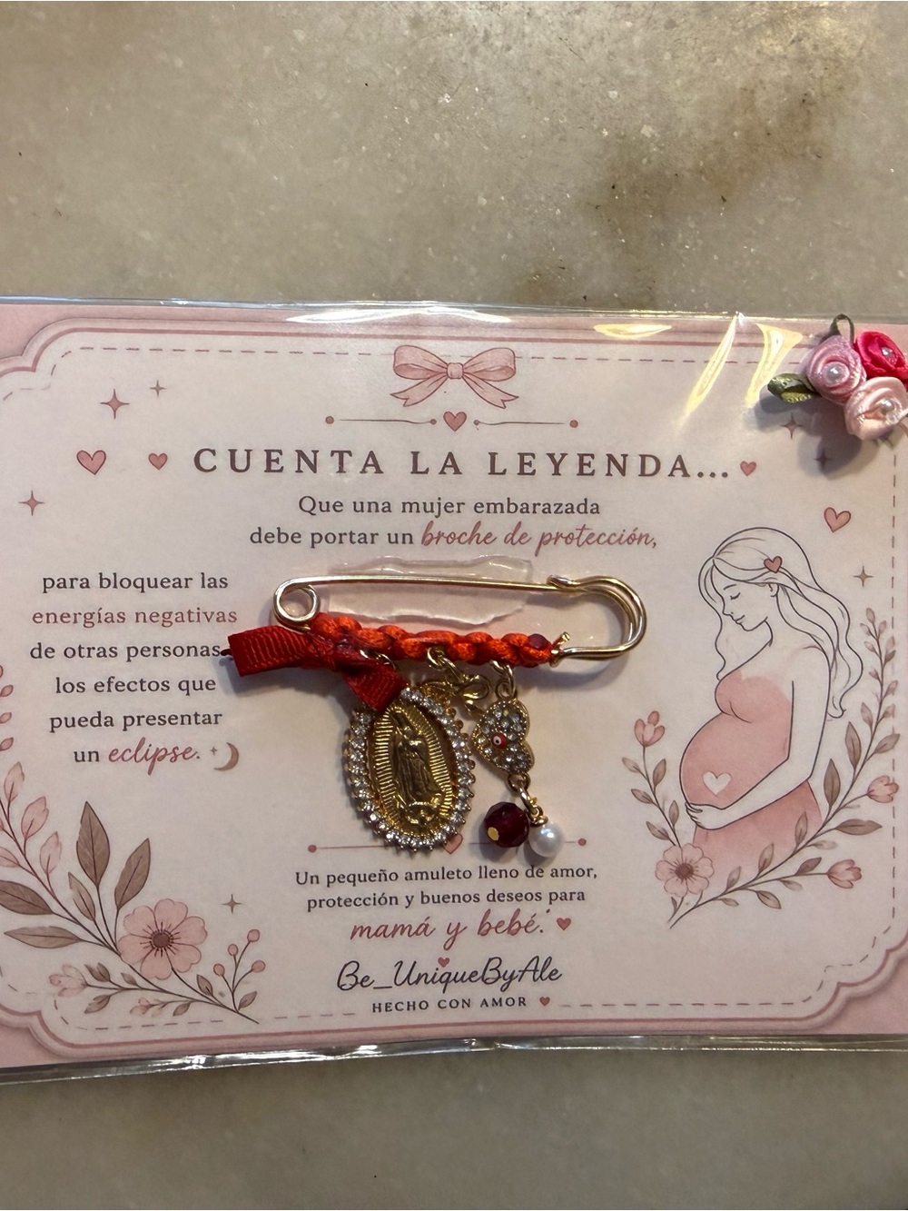 Red Braided Ribbon Brooch Pin with Gold Charms by
